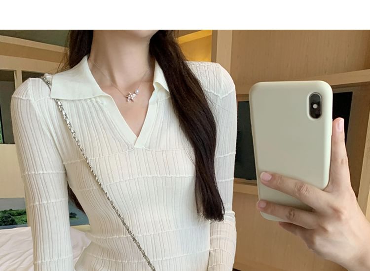 Collared Solid Long Sleeve Knit Pullover Top