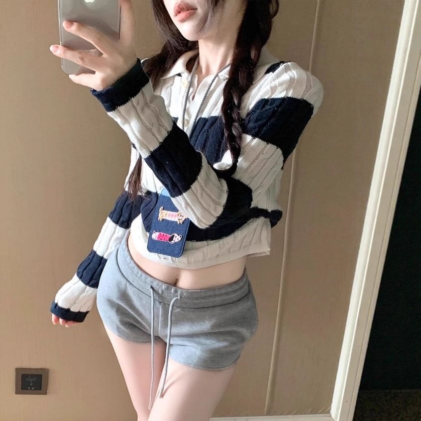 Striped Cable Knit Cropped Polo Sweater