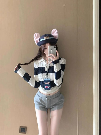 Striped Cable Knit Cropped Polo Sweater