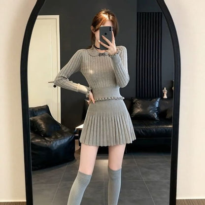 Collared Solid Knit Top & Pleated Mini Skirt Two-Piece Set
