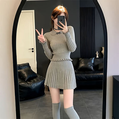 Collared Solid Knit Top & Pleated Mini Skirt Two-Piece Set