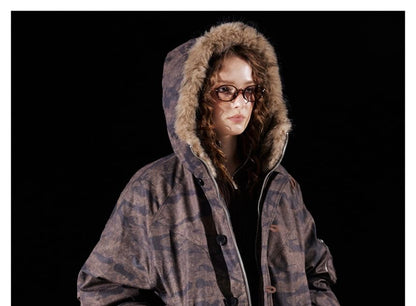 Camouflage Faux Fur-Trim Hooded Jacket