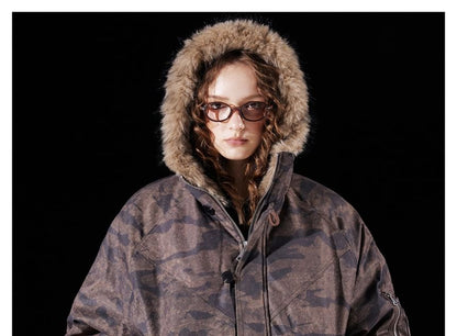 Camouflage Faux Fur-Trim Hooded Jacket