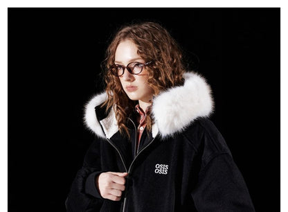Detachable Faux Fur-Trim Hooded Wool Jacket