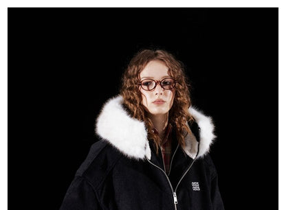 Detachable Faux Fur-Trim Hooded Wool Jacket