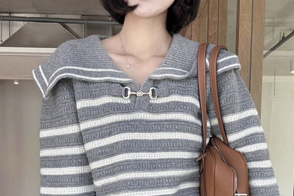 Striped Collared Sweater with Buckle Detail