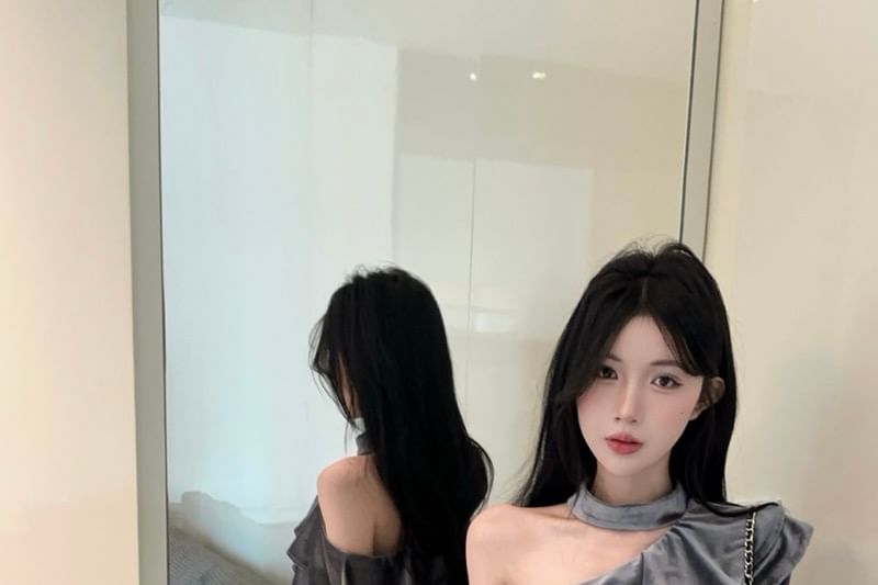 Velvet Cold Shoulder Top with Ruffle Neck and Long Sleeves