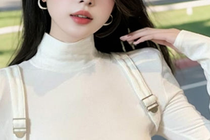 Mock Neck Plain T-Shirt with Long Sleeves