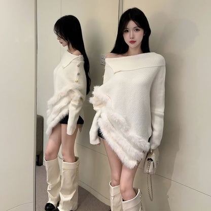 Fluffy Trim Mock Neck Knit Sweater