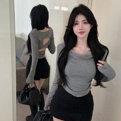 Round Neck Fluffy Trim T-Shirt with Long Sleeves