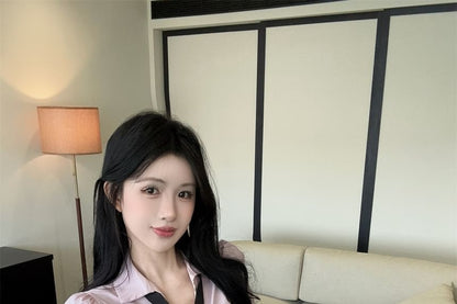 Collared Button Up Shirt with Mini Pleated Skirt and Neck Tie Set