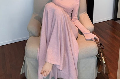 Long Sleeve V-Neck Plain Maxi A-Line Dress
