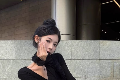 Long Sleeve V-Neck Plain Maxi A-Line Dress
