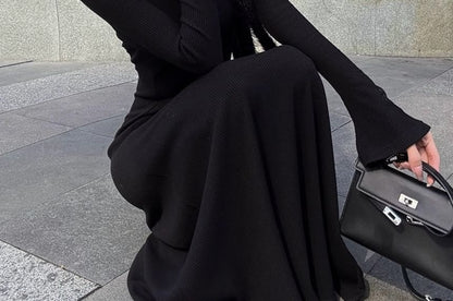 Long Sleeve V-Neck Plain Maxi A-Line Dress