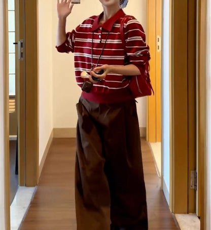Classic Striped Knit Polo Pullover Sweater