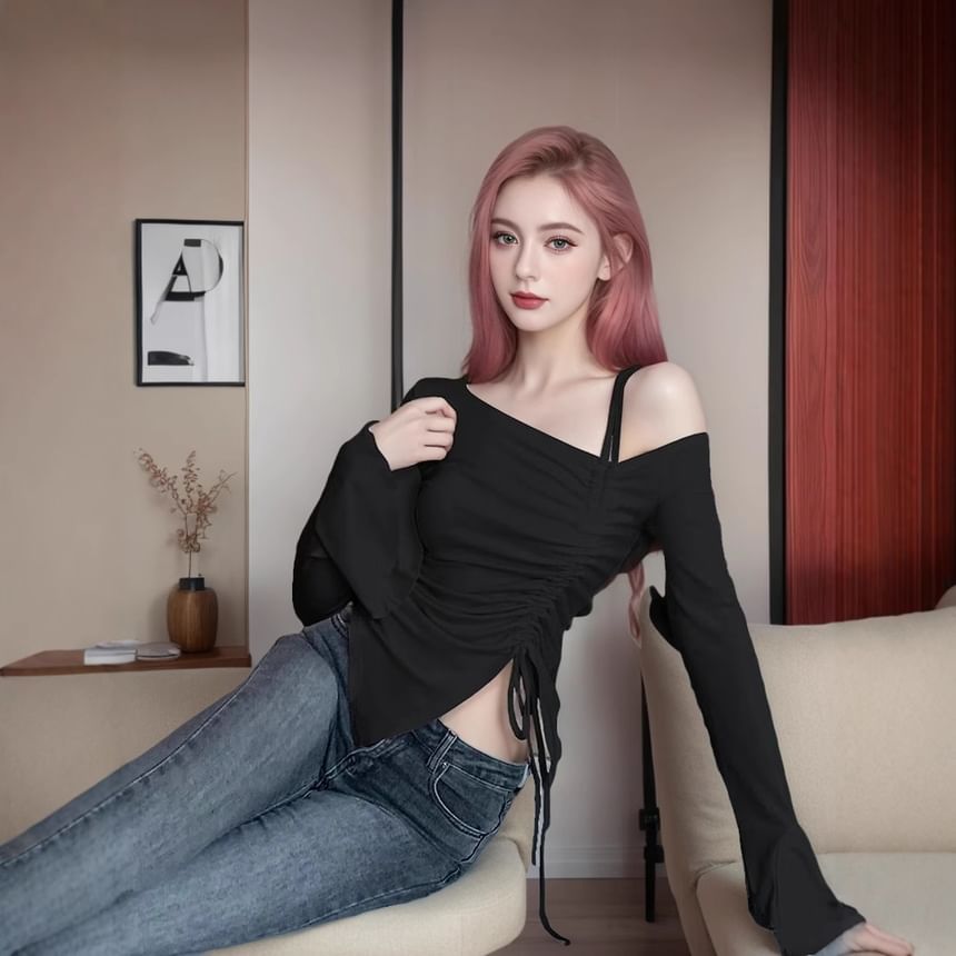 Long-Sleeve Cold Shoulder Asymmetrical Drawstring Top