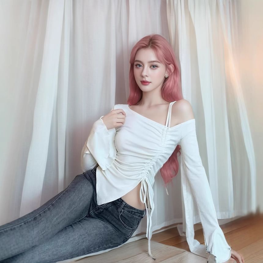 Long-Sleeve Cold Shoulder Asymmetrical Drawstring Top