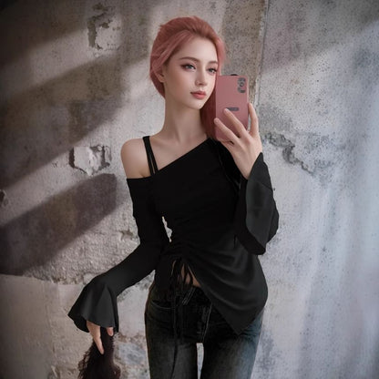 Long-Sleeve Cold Shoulder Asymmetrical Drawstring Top