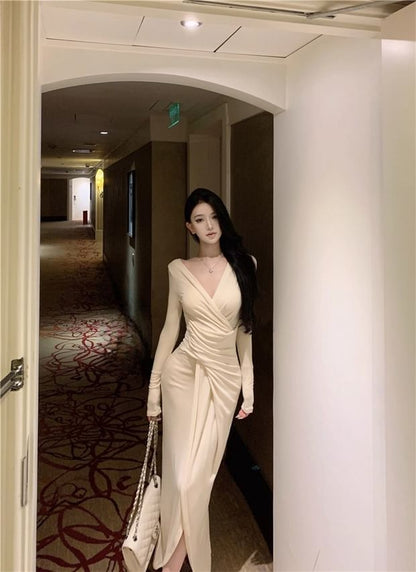 Long-Sleeve V-Neck Plain Ruched Front-Slit Maxi Sheath Dress