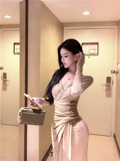 Long-Sleeve V-Neck Plain Ruched Front-Slit Maxi Sheath Dress