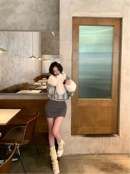 Plaid Lace Trim Cropped Jacket / Plain Faux Fur Scarf