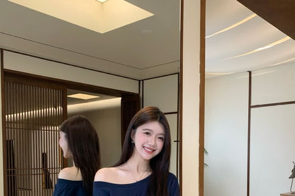Cozy Off-Shoulder Sweatshirt with Drawstring Waist Mini Skirt Set