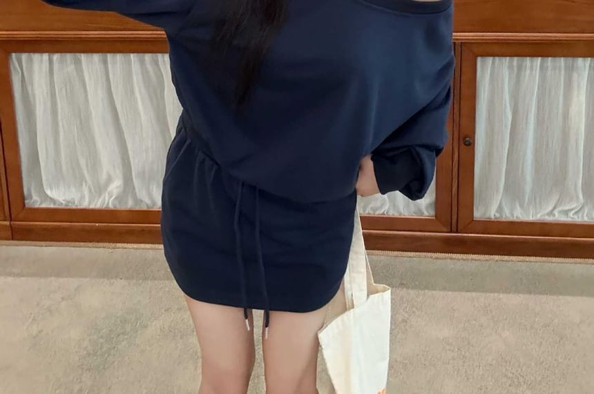 Cozy Off-Shoulder Sweatshirt with Drawstring Waist Mini Skirt Set