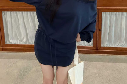 Cozy Off-Shoulder Sweatshirt with Drawstring Waist Mini Skirt Set