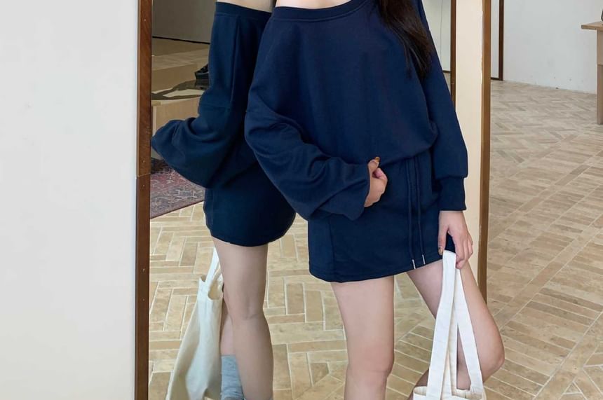 Cozy Off-Shoulder Sweatshirt with Drawstring Waist Mini Skirt Set