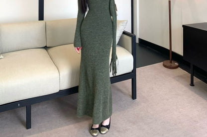 Long-Sleeve Scoop Neck Melange Maxi Sheath Knit Dress