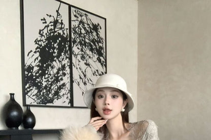 Long-Sleeve V-Neck Plain Lace Panel Maxi A-Line Dress