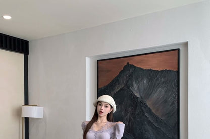 Long-Sleeve V-Neck Plain Lace Panel Maxi A-Line Dress