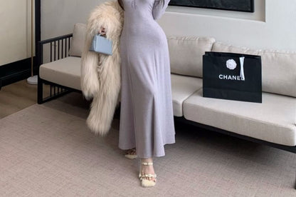 Long-Sleeve V-Neck Plain Lace Panel Maxi A-Line Dress