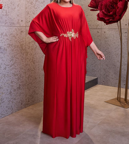 Flared-Sleeve Round Neck Sequin Sheath Evening Dress
