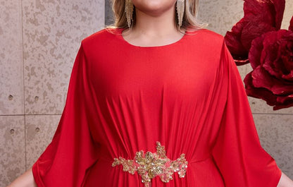 Flared-Sleeve Round Neck Sequin Sheath Evening Dress