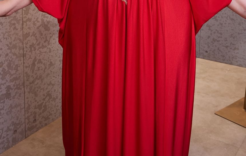 Flared-Sleeve Round Neck Sequin Sheath Evening Dress