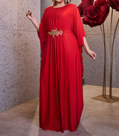 Flared-Sleeve Round Neck Sequin Sheath Evening Dress