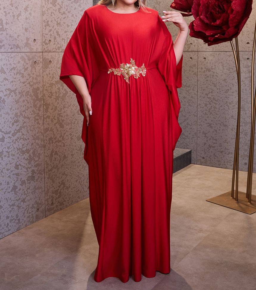 Flared-Sleeve Round Neck Sequin Sheath Evening Dress