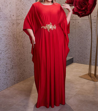 Flared-Sleeve Round Neck Sequin Sheath Evening Dress