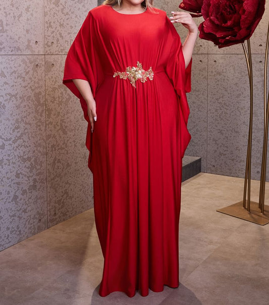Flared-Sleeve Round Neck Sequin Sheath Evening Dress