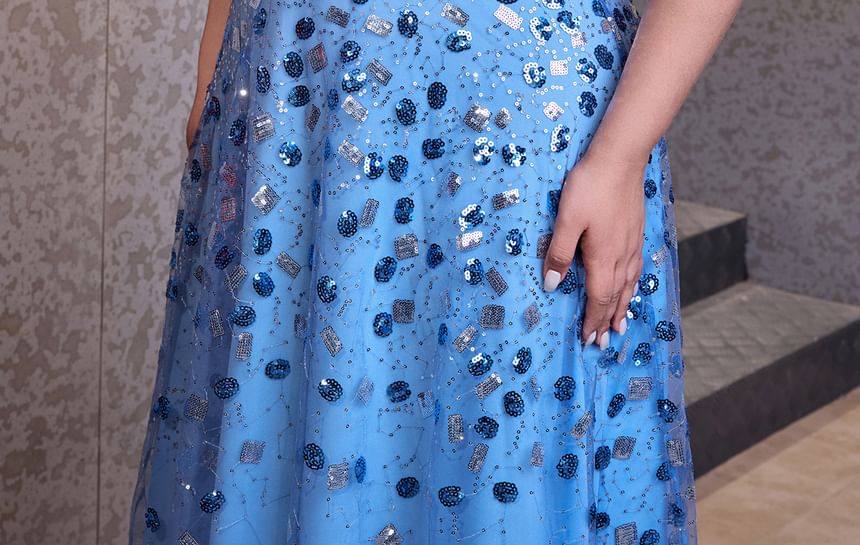 Short-Sleeve Sequin Mesh Panel A-Line Evening Dress