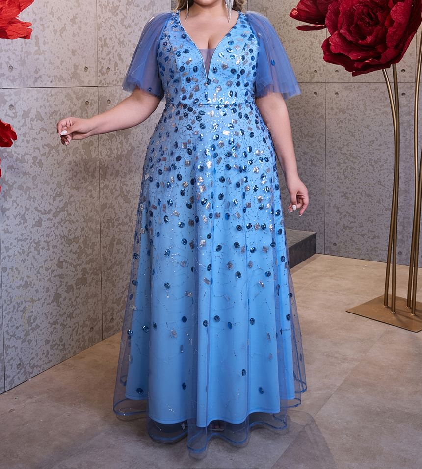 Short-Sleeve Sequin Mesh Panel A-Line Evening Dress