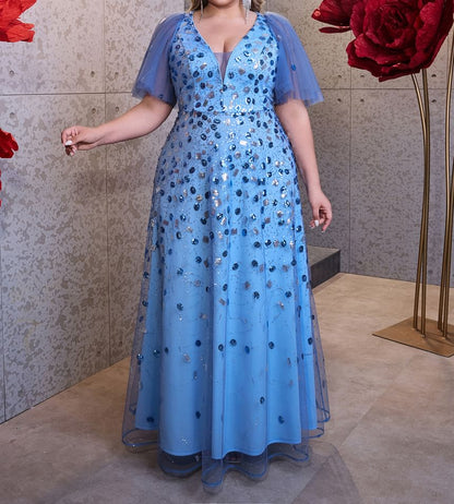 Short-Sleeve Sequin Mesh Panel A-Line Evening Dress