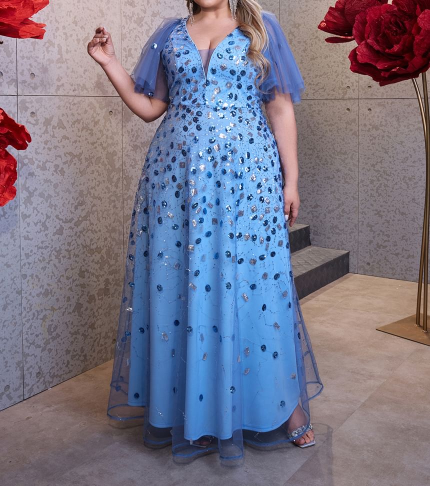 Short-Sleeve Sequin Mesh Panel A-Line Evening Dress