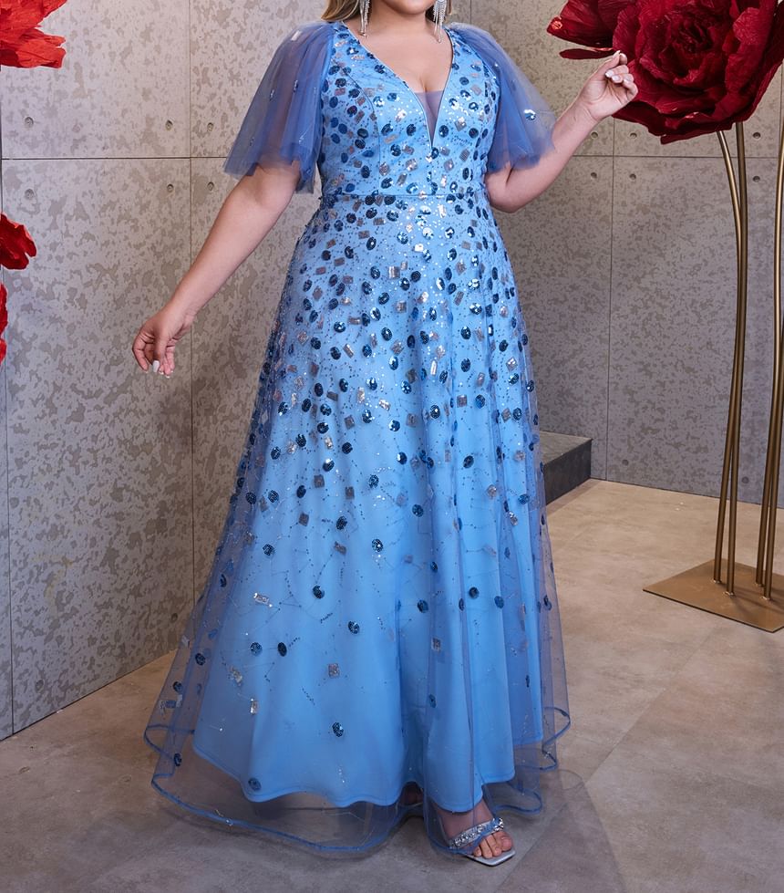 Short-Sleeve Sequin Mesh Panel A-Line Evening Dress