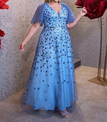 Short-Sleeve Sequin Mesh Panel A-Line Evening Dress