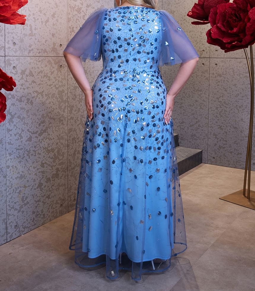 Short-Sleeve Sequin Mesh Panel A-Line Evening Dress