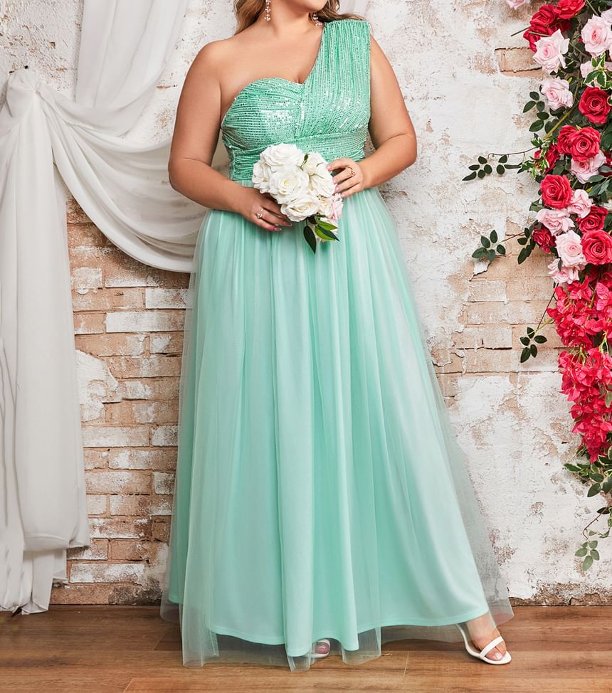 One-Shoulder Sequin Mesh Panel A-Line Evening Dress