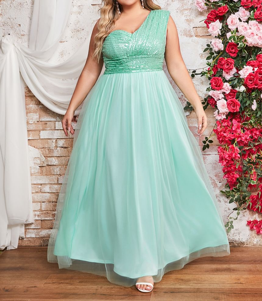 One-Shoulder Sequin Mesh Panel A-Line Evening Dress