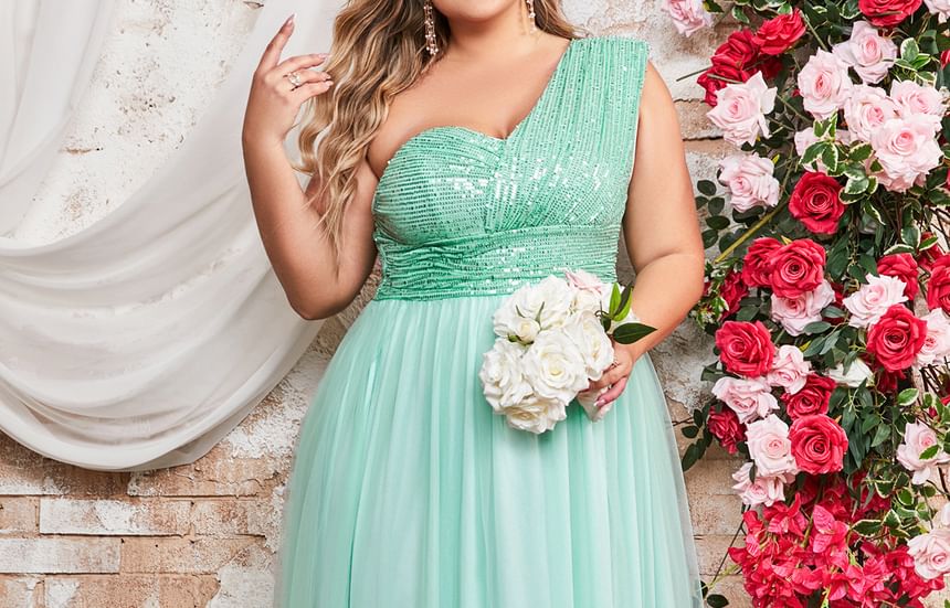 One-Shoulder Sequin Mesh Panel A-Line Evening Dress